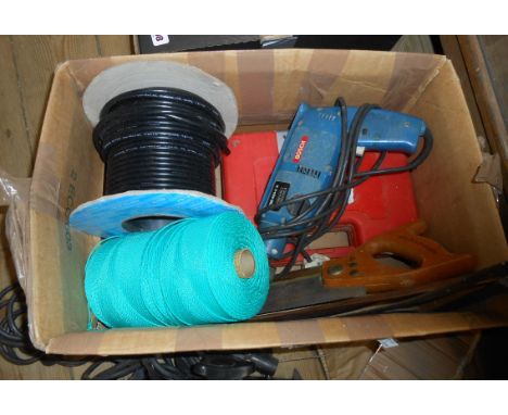A box containing a quantity of assorted tools including Bosch drill, saws etc.