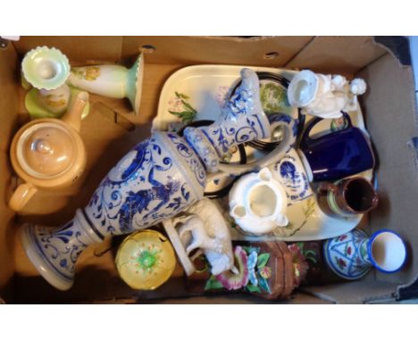 A box containing a quantity of assorted ceramic items including Westerwald stoneware ewer form lamp base, etc.