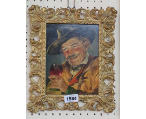 Hermine (or Rosemary) Gartner: an ornate gilt cast metal framed oil on board portrait of a German huntstman drinking a glass 