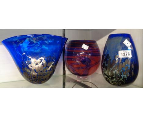 Three art glass vases by Ourglass of Torquay of various form, each with decorated internal enamel decoration