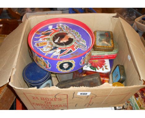 A box containing a quantity of vintage tins
