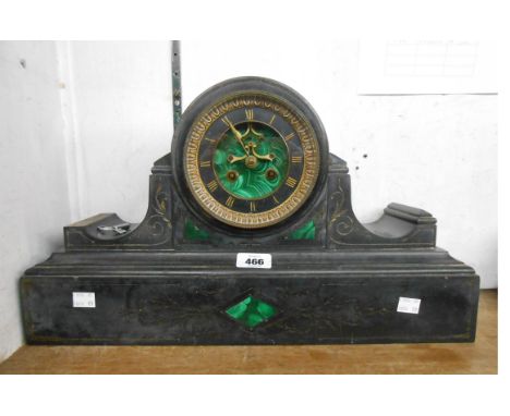 A 50cm late Victorian black slate and malachite cased drum and scroll style mantel clock with visible escapement and S. Marti