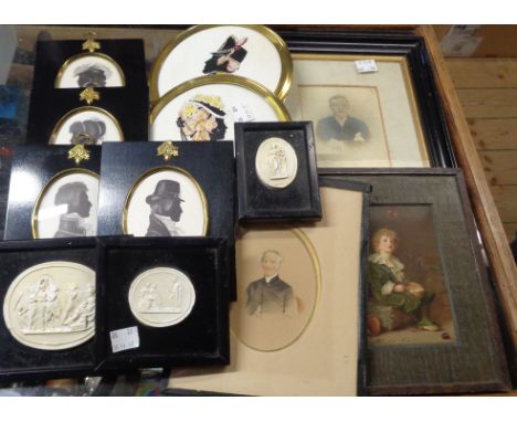 A selection of silhouette portrait prints, another, a small framed watercolour portrait of a gentleman and souvenir cameos