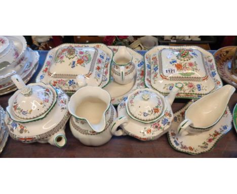 A large quantity of Copeland Spode china in the Chinese Rose pattern including teapots, jugs, vegetable tureens, meat plate, 