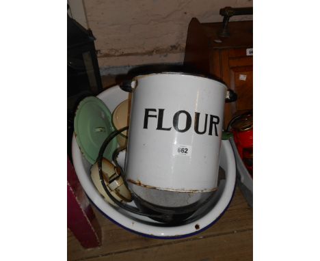 A quantity of assorted enamel items including saucepan, chamberstick, flour bin (no lid) etc.