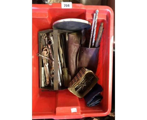 A crate containing a quantity of assorted tools including spanners, etc.