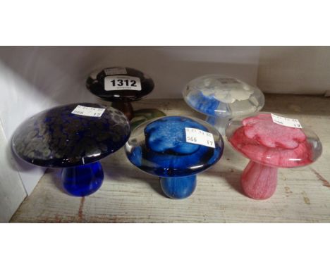 Five Art glass mushroom form paperweights by Ourglass of Torquay with internal coloured enamel decoration