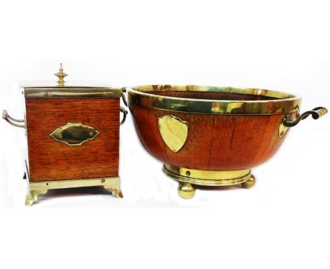 An early 20th Century oak bowl with silver plated fittings - sold with a similar tea caddy (lid a/f)