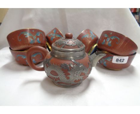 A Chinese Yee Dzu Ching pewter clad teapot - sold with five cloisonne bowls