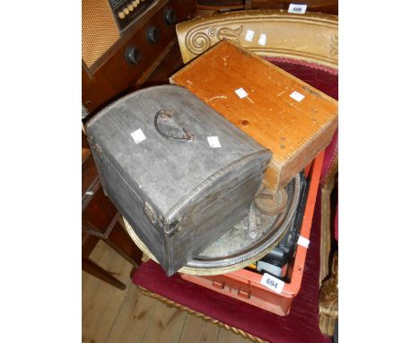 A crate containing a quantity of tools and collectable items, also two wooden boxes