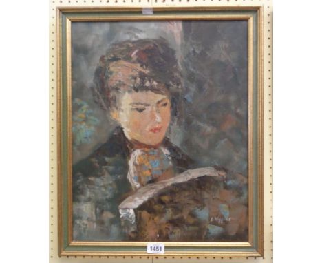 L. Higgins: a gilt framed oil on canvas palette knife painting, portrait of a woman reading a book - signed
