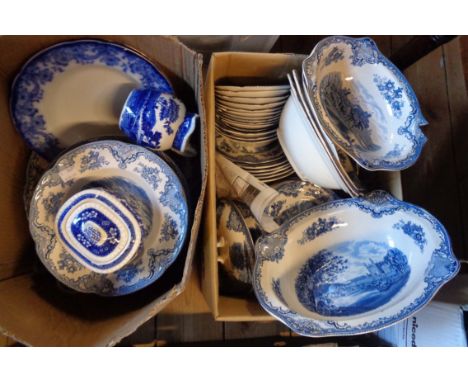 Two boxes containing a large quantity of blue and white china including Copeland Spode Tower, Johnson Bros., Old Britain Cast