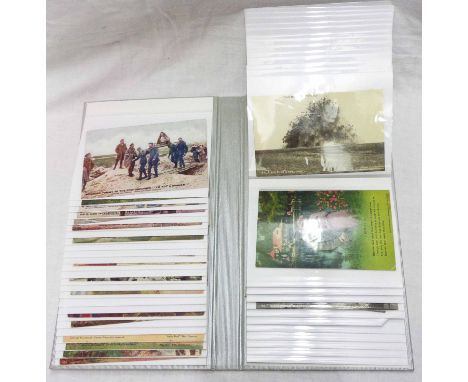 An album containing eighty First World War period postcards including tinted photographic, monochrome, sweetheart and other e