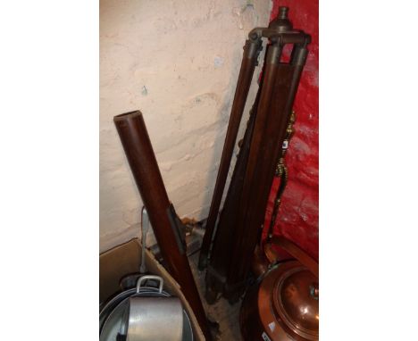 A wood and brass telescope with tripod stand - lens unit detached but present