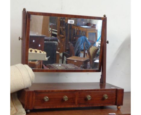 A 19th Century mahogany and strung platform dressing table mirror with oblong plate, reeded uprights and two drawers to base