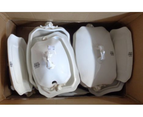 A box containing a quantity of Royal Worcester vitreous porcelain dinner ware decorated with a black printed monogram