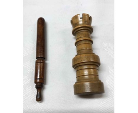 An antique turned boxwood needle case in the form of a chess piece - sold with another turned wood needle case