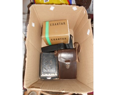 A box containing a quantity of vintage and later cameras including Voigtlander Vittoret 110, Agfa bellows camera, etc.