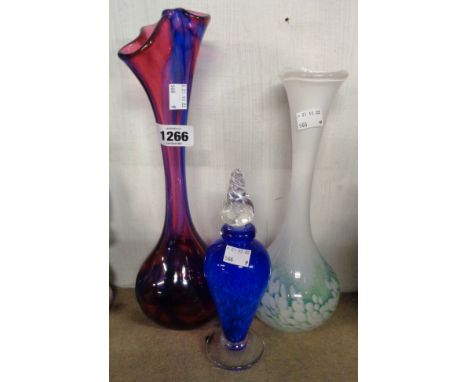 Two art glass vases by Ourglass of Torquay, each with internal enamel decoration - sold with a similar scent bottle and stopp