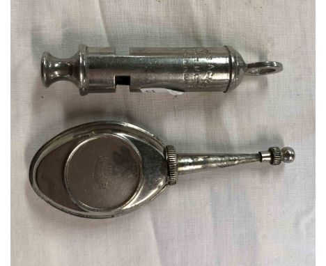 A vintage Acme Scout Master whistle - sold with an old Jos. Lucas Ltd. Oval Oiler small oil can