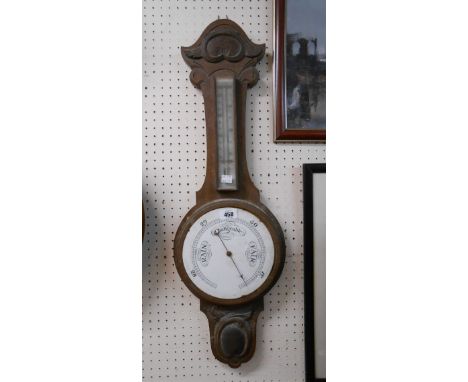 A late Victorian oak cased banjo barometer/thermometer with aneroid works - a/f