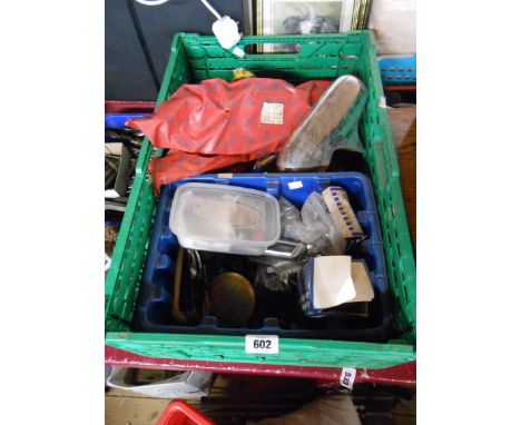 A crate containing a quantity of vintage autojumble including BMC OEM parts, bulbs, etc.