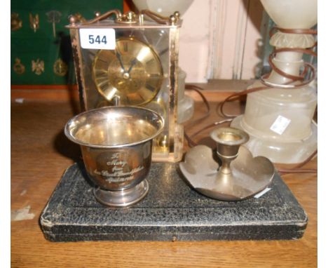 A small selection of collectable items comprising a quartz movement anniversary clock, a vintage cased drawing set, a silver 