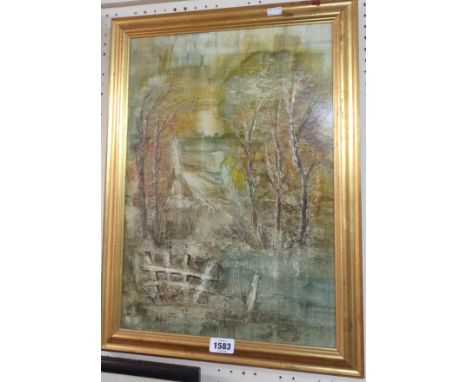 A gilt framed oil on board, depicting a rural gate in an Autumnal landscape - indistinctly signed