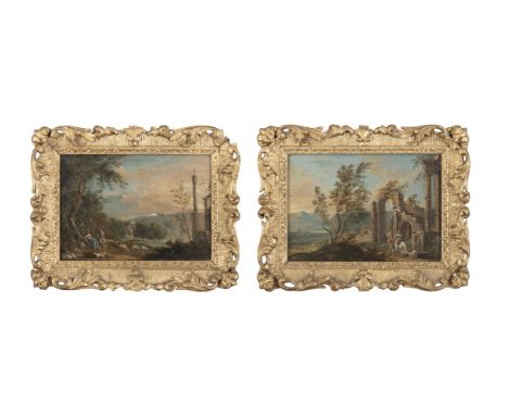 WILLEM VAN DER HAGEN (FL. 1720-1745) A pair of Capriccio Italianate Landscapes with Figures and Animals A pair, oil on panel,