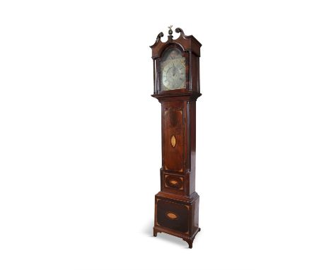 AN IRISH INLAID MAHOGANY CASED LONGCASE CLOCK BY EDWARD TOWNLEY, DUNDALK, C.1790,  the architectural hood with broken swan pe