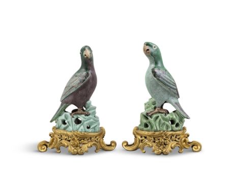 A PAIR OF CHINESE FAMILLE-VERTE BISCUIT FIGURES OF PARROTS, KANGXI (1662 - 1722)  the ormolu mounts late 19th century, both s