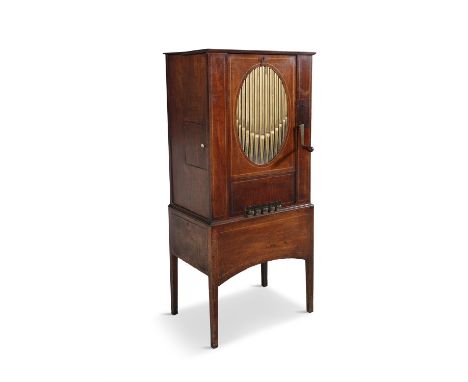 A GEORGE III INLAID MAHOGANY CHAMBER BARREL ORGAN BY ASTOR &amp; CO.,  the hinged top above sliding front section with thirte