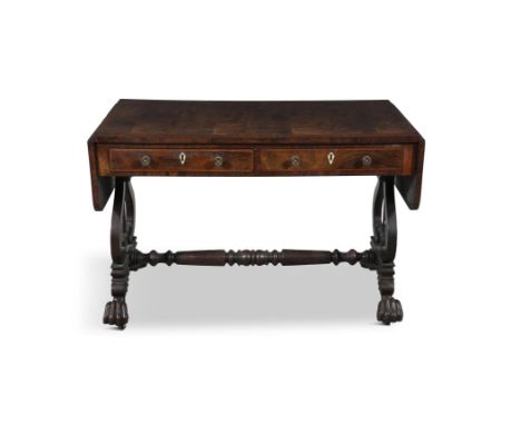 AN IRISH INLAID ROSEWOOD SOFA TABLE IN THE MANNER OF WILLIAMS AND GIBTON, C.1830  the top with panelled veneers, within a cro