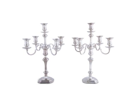A PAIR OF QUEEN ANNE STYLE FIVE LIGHT SILVER CANDELABRA, SHEFFIELD 1970  mark of Robert &amp; Belk, each with raised central 