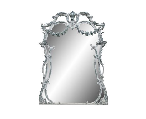 A PALE-BLUE &amp; GREY PAINTED OVERMANTLE MIRROR, 20TH CENTURY,   of Chippendale style with scrolled arched rectangular plate