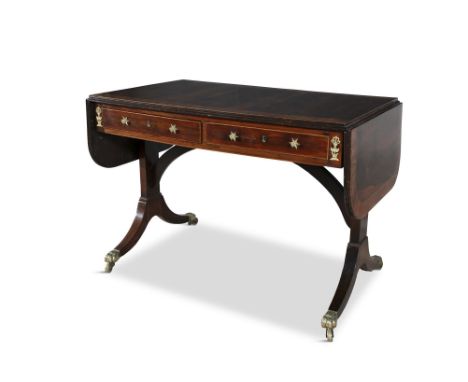 A REGENCY INLAID ROSEWOOD DOUBLE DROP LEAF SOFA TABLE,  decorated with satinwood banding, raised on flat side supports and ou