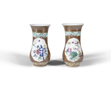 A PAIR OF CHINESE 'CAFE AU LAIT' FAMILLE ROSE VASES, 19TH CENTURY,  colourfully enamelled with flower panels against a Batavi