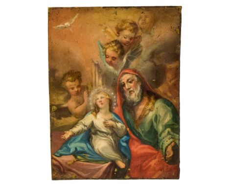 European School, 18th Century, a metal plaque painted with allegorical scenes to each side in oil, 12cm by 9cm