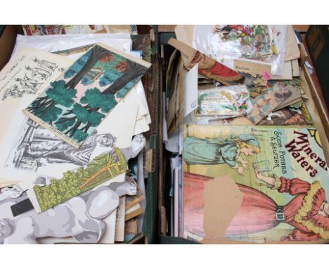 Two boxes of toy theatre related items, scraps, Pollock sets, vintage prints, etc 