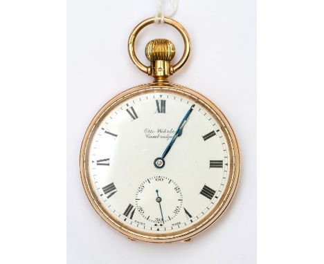 A 9ct gold gentleman's open faced top wind pocket watch, 4.5cm white enamel Roman numeral dial signed Otto Wehrle, subsidiary