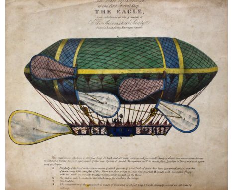 19th-century hand-coloured lithograph depicting a flying machine: 'An exact representation of the first Aerial ship The Eagle