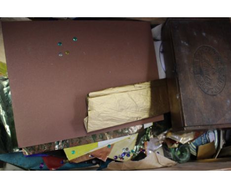 A mahogany and crossbanded tea caddy, two brass Mr Punch figures, a blotter and a wooden box 'Property of the City Steam Laun