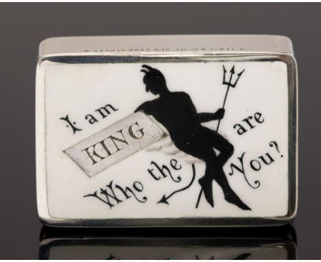 A Victorian silver and enamel vesta case, the cover enamelled with the image of a black devil holding a trident with the lege