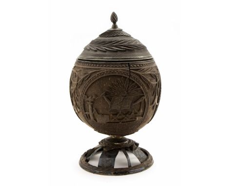 An Important George III silver mounted carved coconut lidded "Libertas" vessel, the body with symbolism of Masonic interest, 