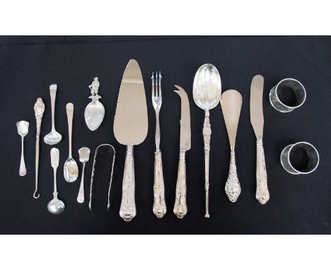 A collection of silver including a George V Anointing spoon, Thomas Bradbury & Son., Sheffield, 1911, 23 cm long; a pair of G