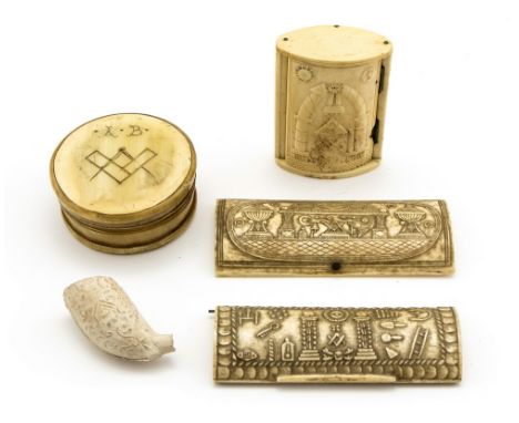 A small group of vessels of Masonic interest to include the following: a 19th Century bone pocket snuff box, carved with Maso