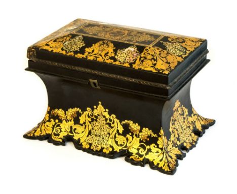 A mid 19th century black lacquered papier mache tea caddy, circa 1860, of waisted form, the top and sides gilded throughout w