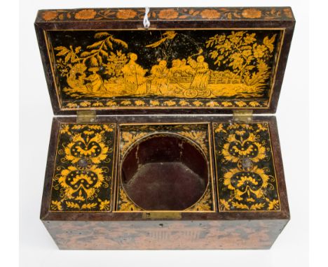 An early 19th Century tea caddy, circa 1820, with extensive pokerwork decoration of chinoiserie scenes with figures, the inte