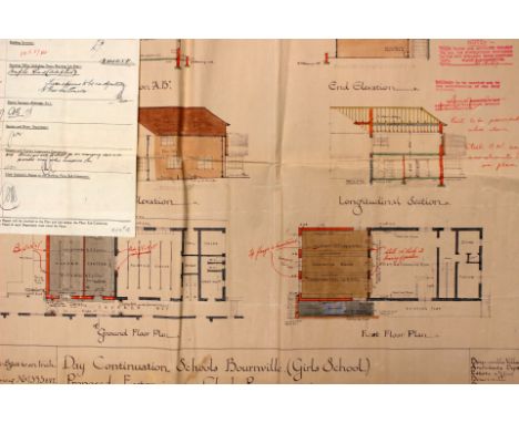 Birmingham History Interest: Original architectural plans relating to the Day Continuation School in Bournville, Birmingham (