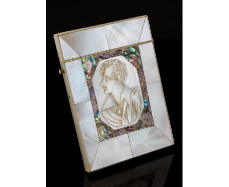 A 19th Century mother of pearl and abalone calling card case,  the cover with a cameo portrait of Lord Byron, 9cm by 6cm